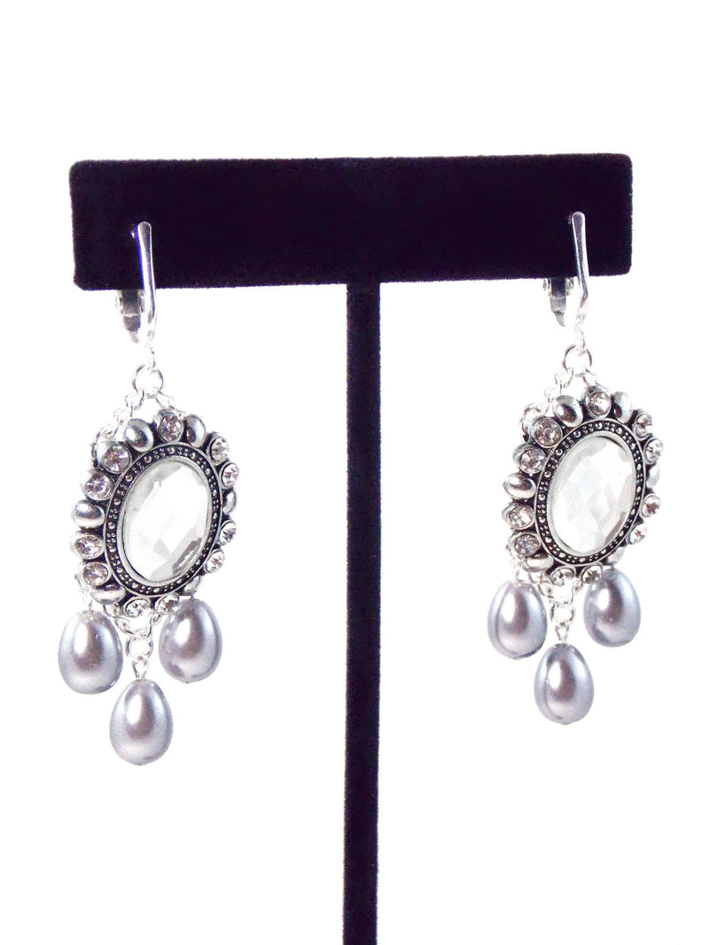 Silver Crystal Gray Pearl Bridal Statement Earrings by KMagnifiqueDesigns