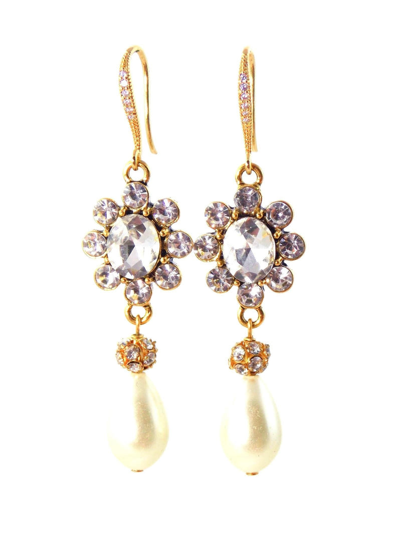Gold Crystal Flower Ivory Pearl Bridal Earrings by KMagnifiqueDesigns