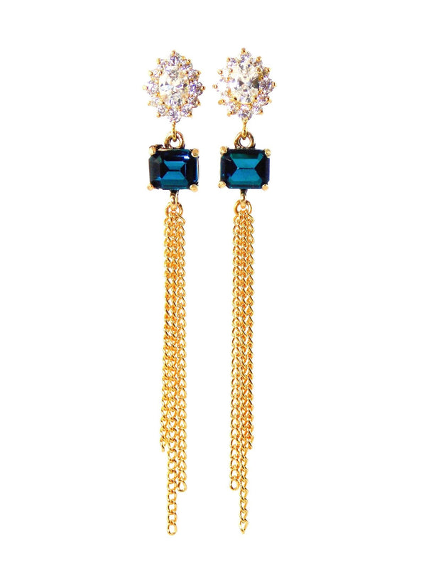 Cobalt Blue Crystal And Cubic Zirconia Long Gold Statement Earrings by KMagnifiqueDesigns