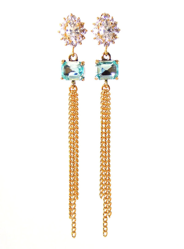Light Blue Crystal And Cubic Zirconia Long Gold Statement Earrings by KMagnifiqueDesigns