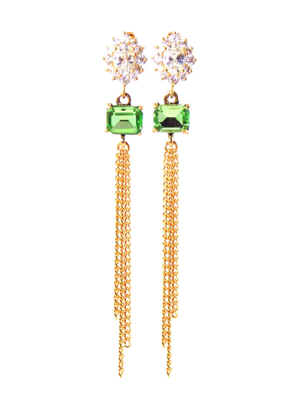Green Crystal And Cubic Zirconia Long Gold Dangle Statement Earrings by KMagnifiqueDesigns