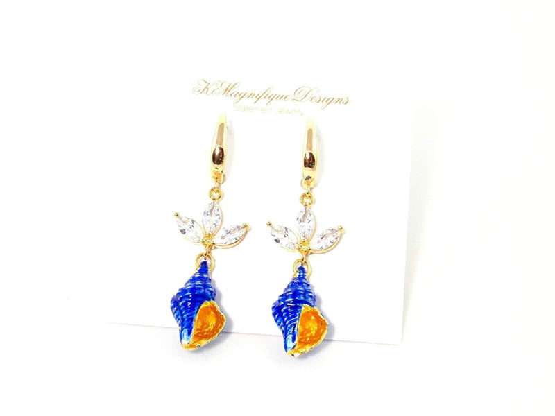 Blue Seashell Cubic Zirconia Gold Statement Earrings - KMagnifiqueDesigns