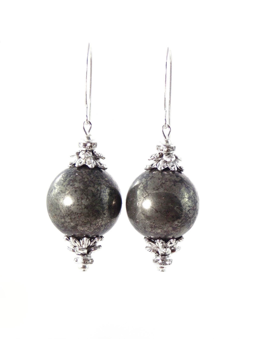 Pyrite Ball Drop Short Silver Statement Earrings | KMagnifiqueDesigns