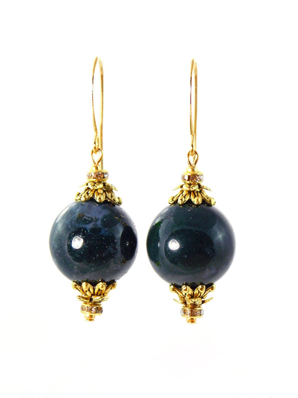 Dark Green Indian Agate Ball Drop Short Gold Statement Earrings by KMagnifiqueDesigns