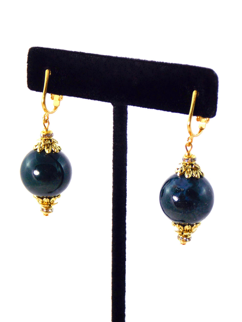Dark Green Indian Agate Ball Drop Short Gold Statement Earrings by KMagnifiqueDesigns