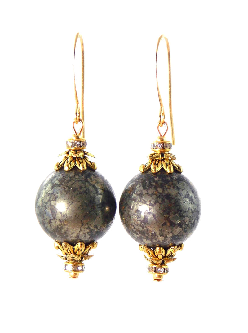 Pyrite Ball Drop Short Gold Statement Earrings by KMagnifiqueDesigns