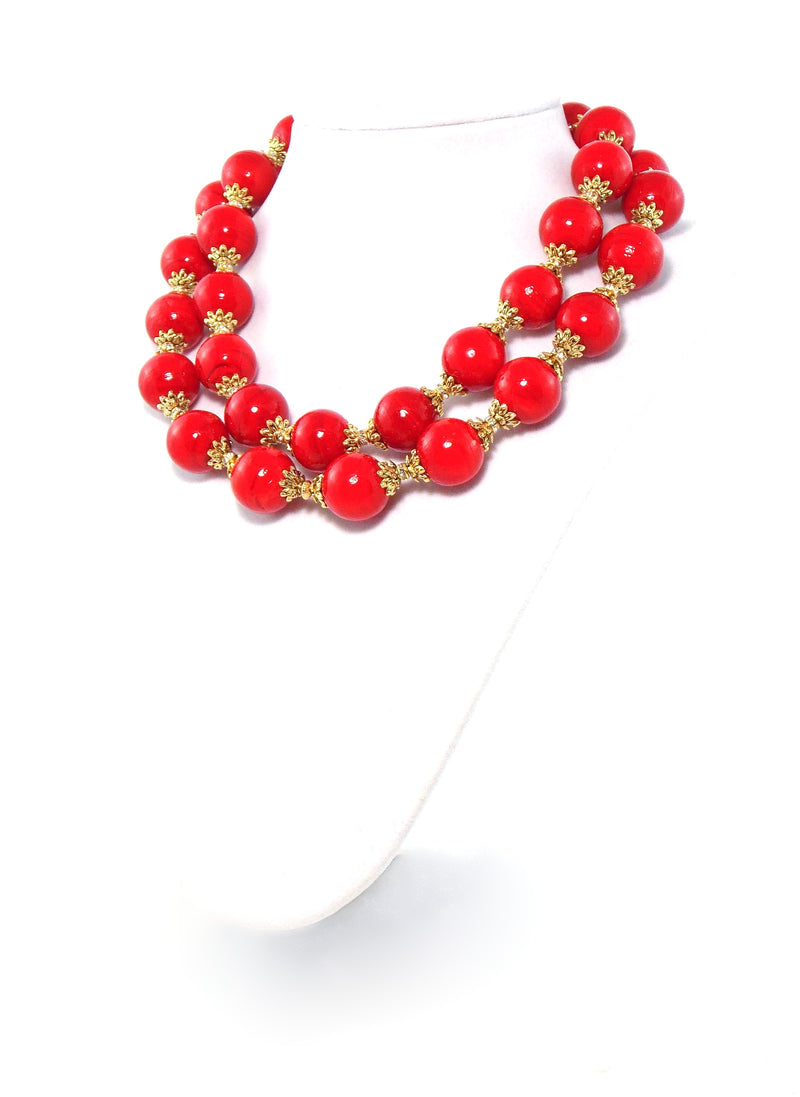 Chunky Red Glass Double Strand Gold Statement Necklace by KMagnifiqueDesigns