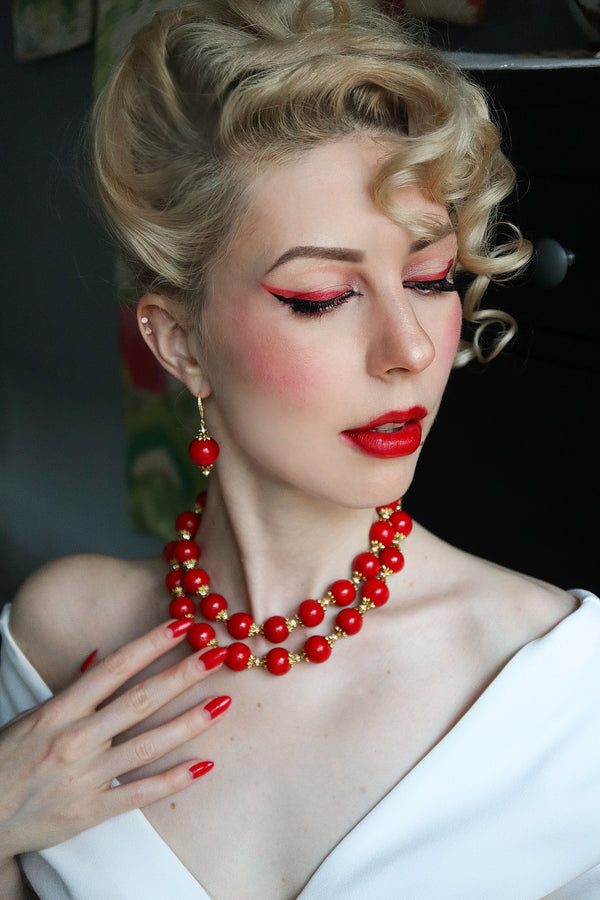 Red Ball Drop Short Gold Dangle Statement Earrings modeled by fiorevanil