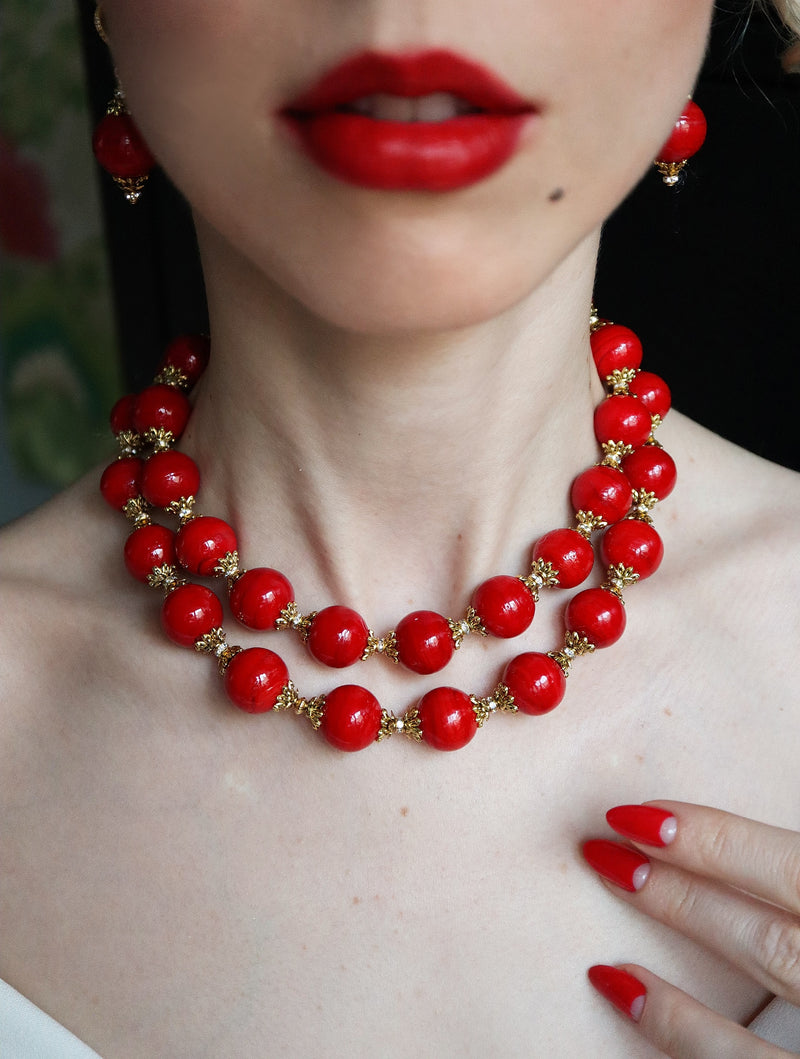 Chunky Red Glass Double Strand Gold Statement Necklace by KMagnifiqueDesigns modeled by fiorevanil
