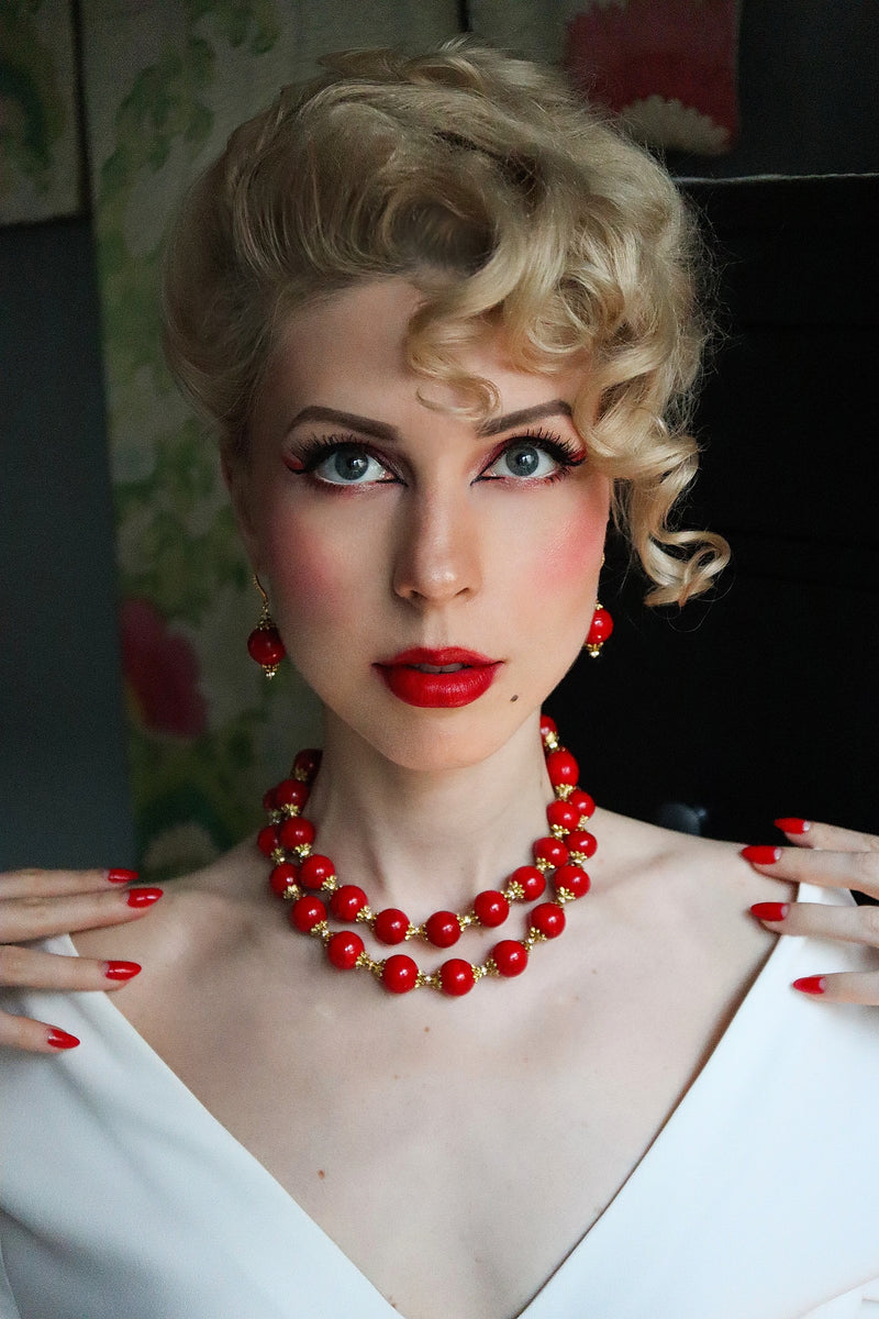 Chunky Red Glass Double Strand Gold Statement Necklace by KMagnifiqueDesigns modeled by fiorevanil