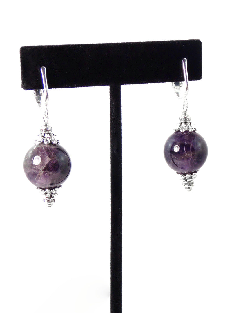 Amethyst Agate Ball Drop Short Silver Statement Earrings by KMagnifiqueDesigns