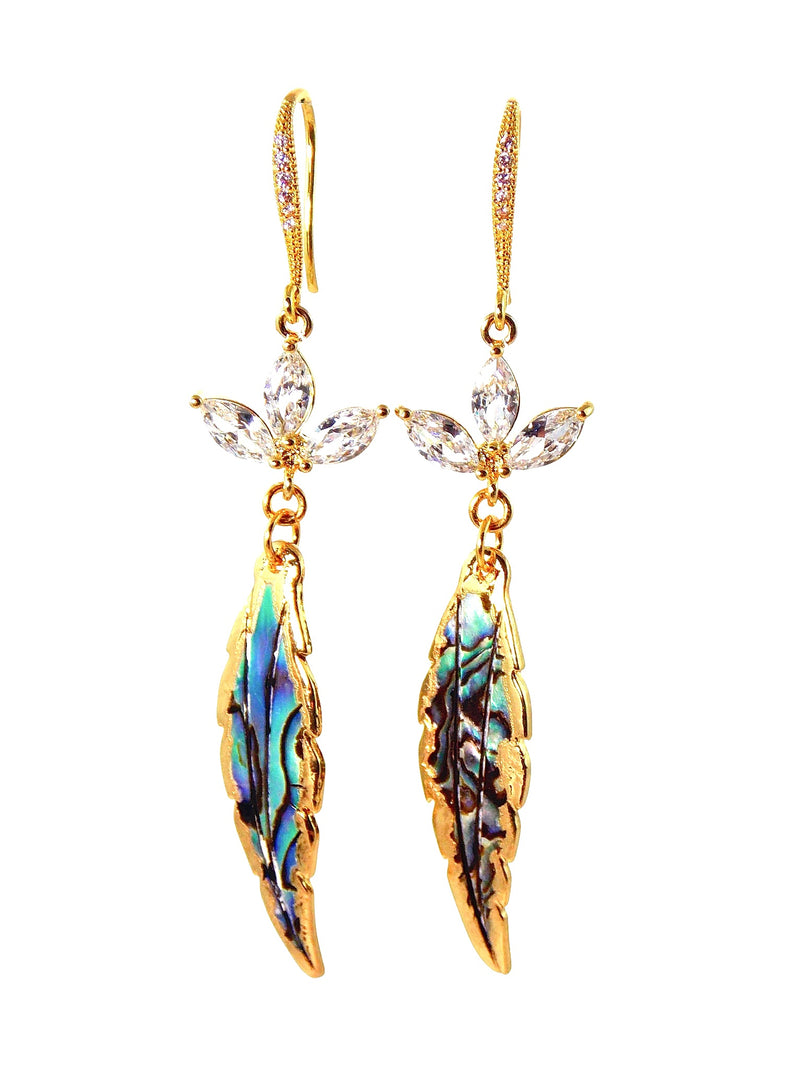 Abalone Shell Gold Feather Cubic Zirconia Crystal Statement Earrings by KMagnifiqueDesigns