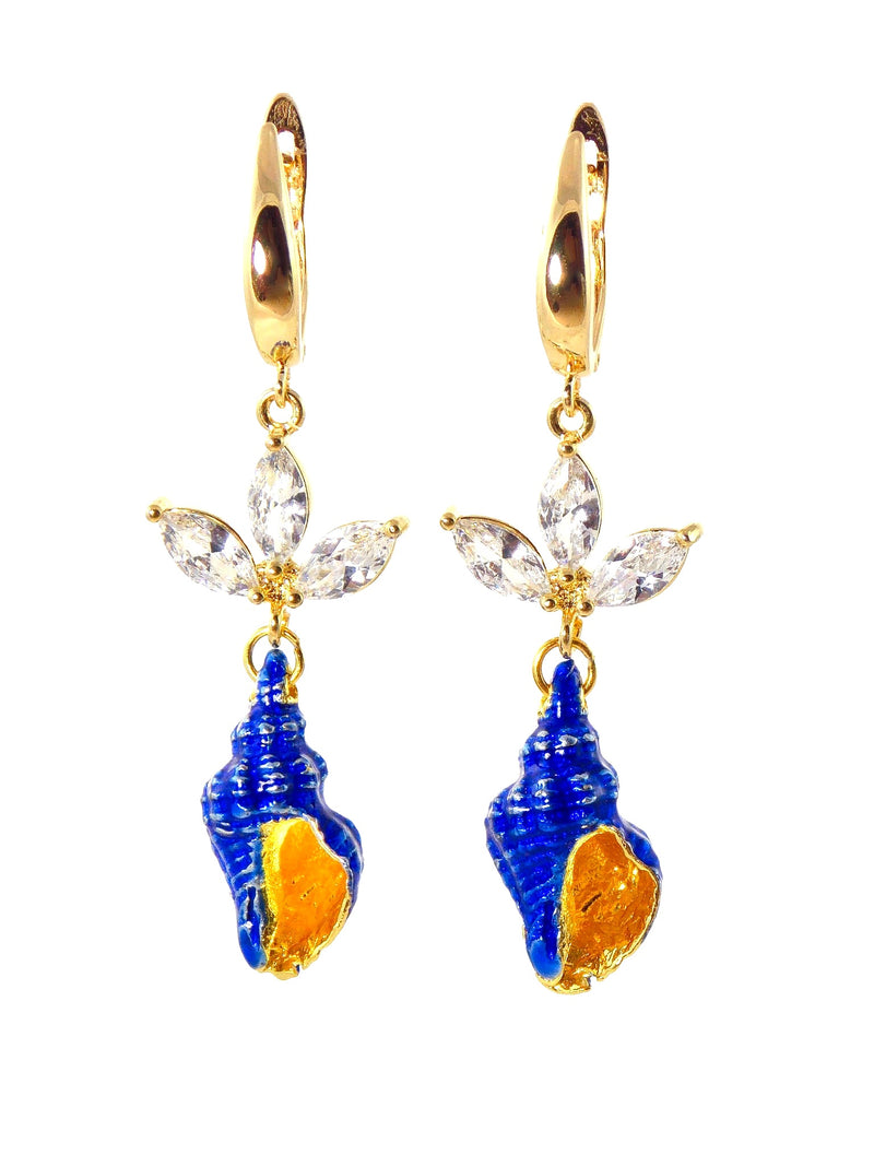 Blue Seashell Cubic Zirconia Gold Statement Earrings - KMagnifiqueDesigns