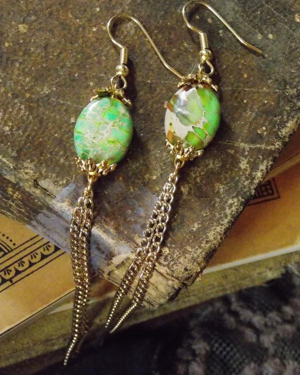 Green Jasper Stone Antique Gold Long Dangle Chain Earrings Clip On Optional