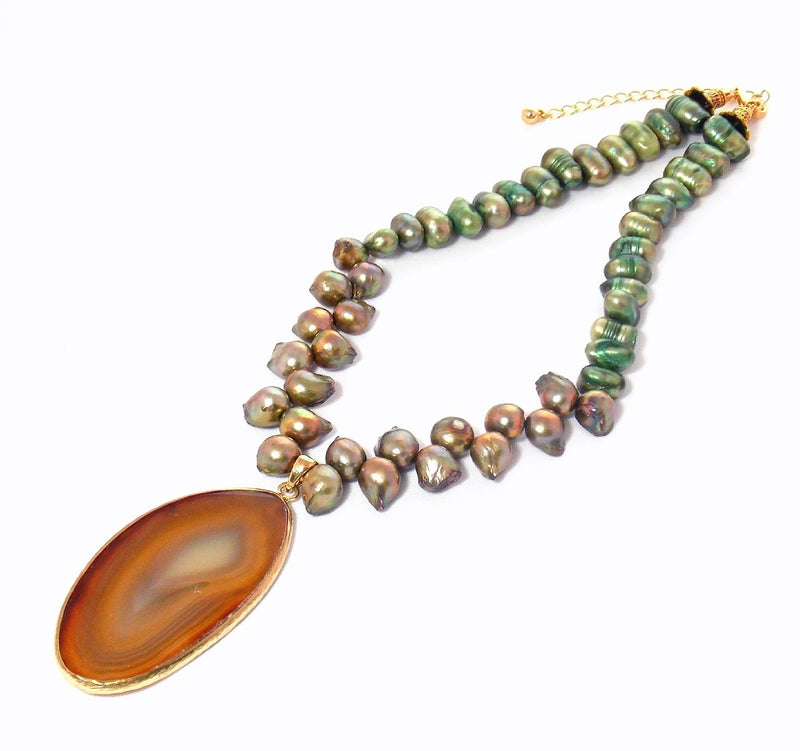 Green & Brown Freshwater Pearl Agate Pendant Bib Statement Necklace