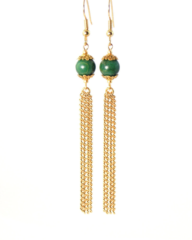 Green Verdite Stone Long Gold Dangle Tassel Chain Earrings Clip On Optional