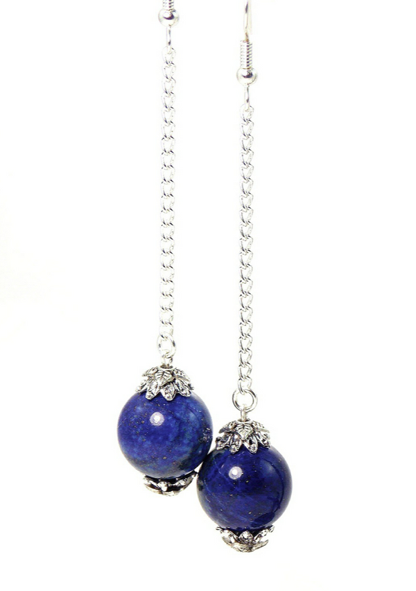 Blue Lapis Lazuli Long Ball Drop Silver Dangle Earrings Clip On Optional