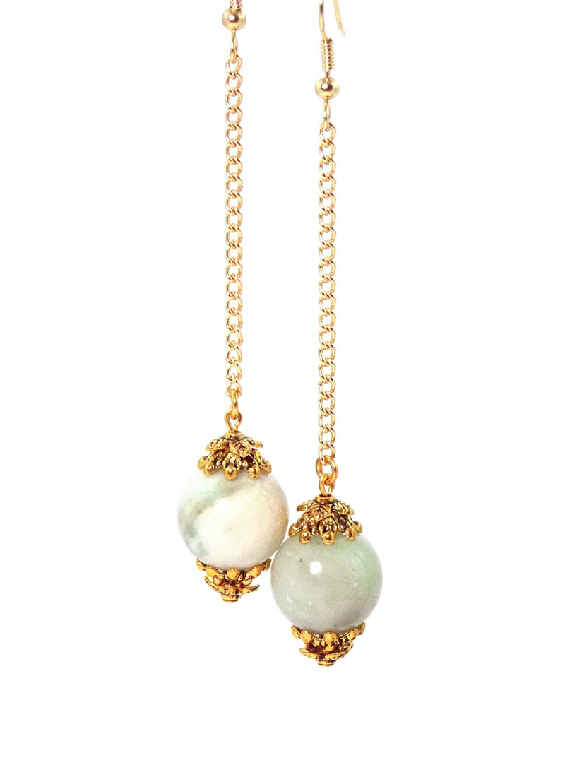 Semi Precious Amazonite Ball Drop Gold Dangle Statement Earrings Clip On Optional by KMagnifiqueDesigns 