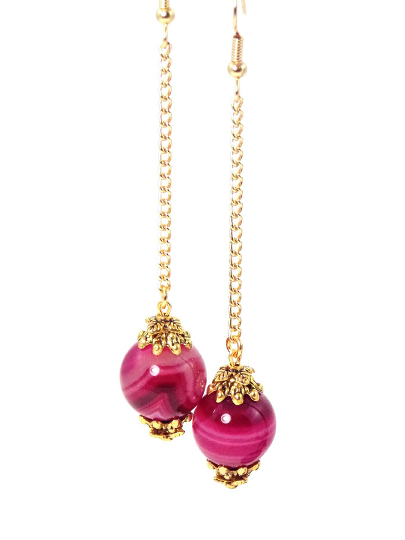 Semi Precious Pink Agate Ball Drop Gold Dangle Statement Earrings Clip On Optional