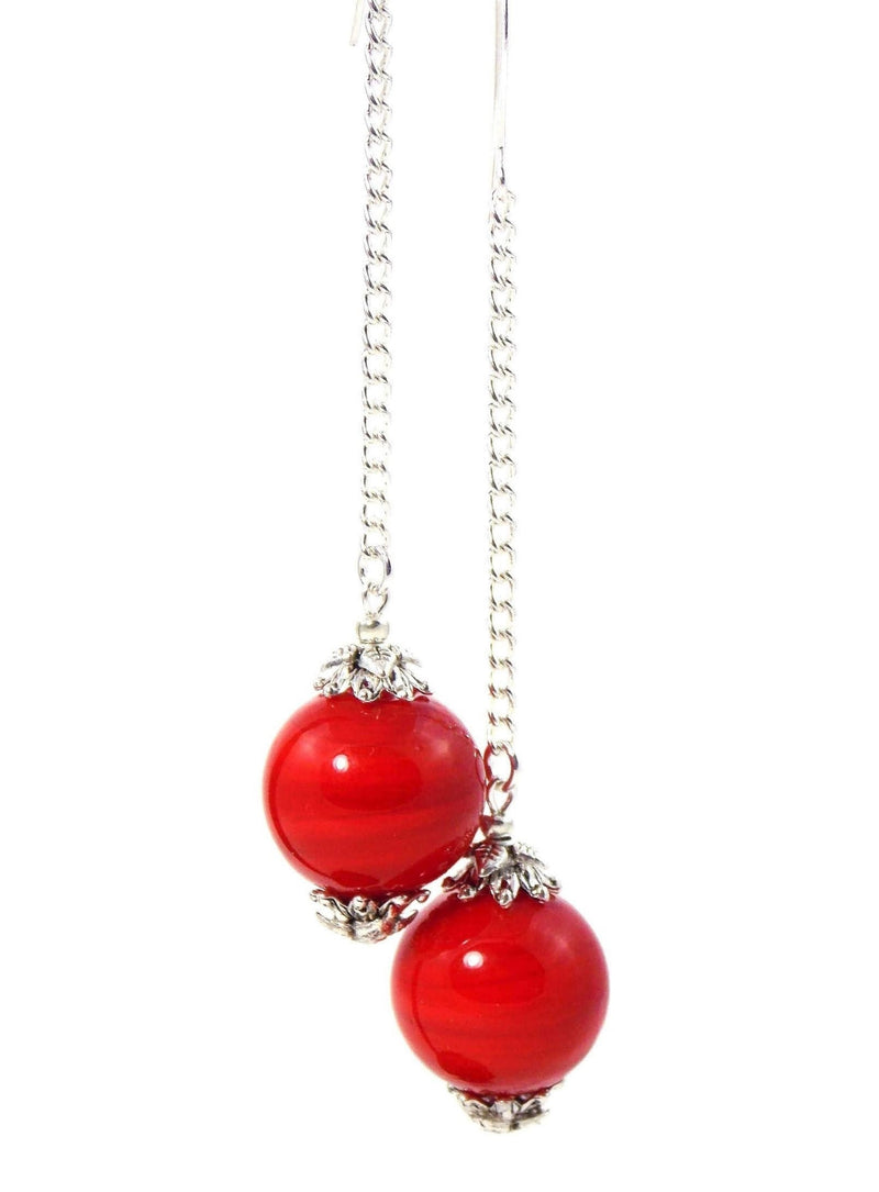 Cherry Red Ball Drop Silver Earrings