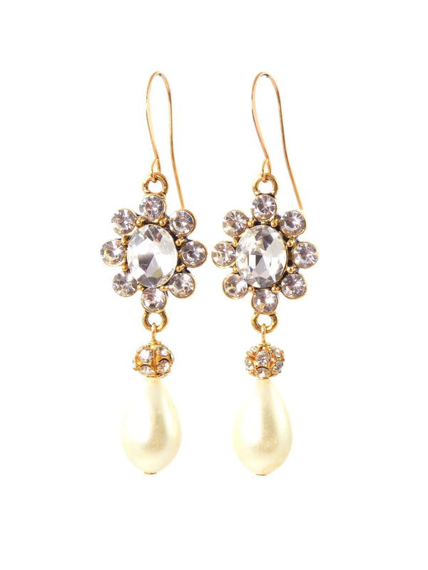 Gold Crystal Flower Ivory Pearl Bridal Earrings