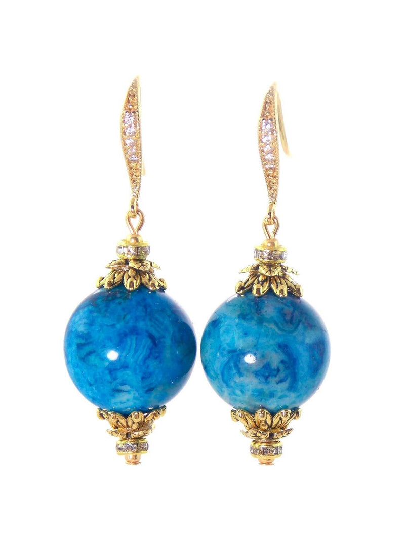 Larimar Blue Ball Drop Short Gold Statement Earrings