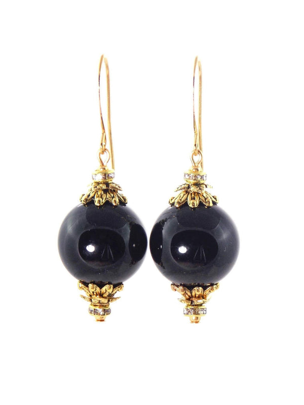 Black Onyx Ball Drop Short Gold Statement Earrings