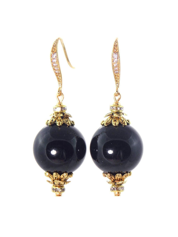 Black Onyx Ball Drop Short Gold Statement Earrings