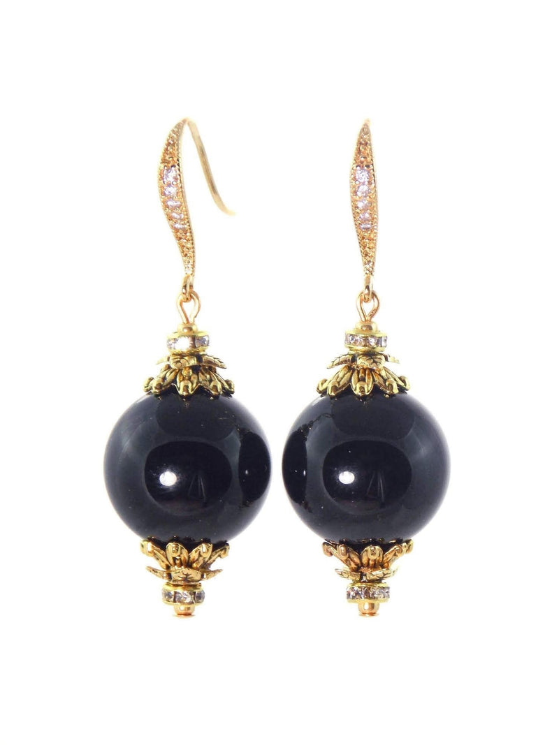 Black Onyx Ball Drop Short Gold Statement Earrings | KMagnifiqueDesigns