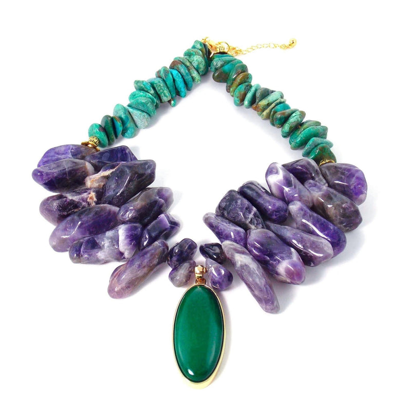 Chunky Amethyst & Green Turquoise Bib Statement Pendant Necklace by KMagnifiqueDesigns