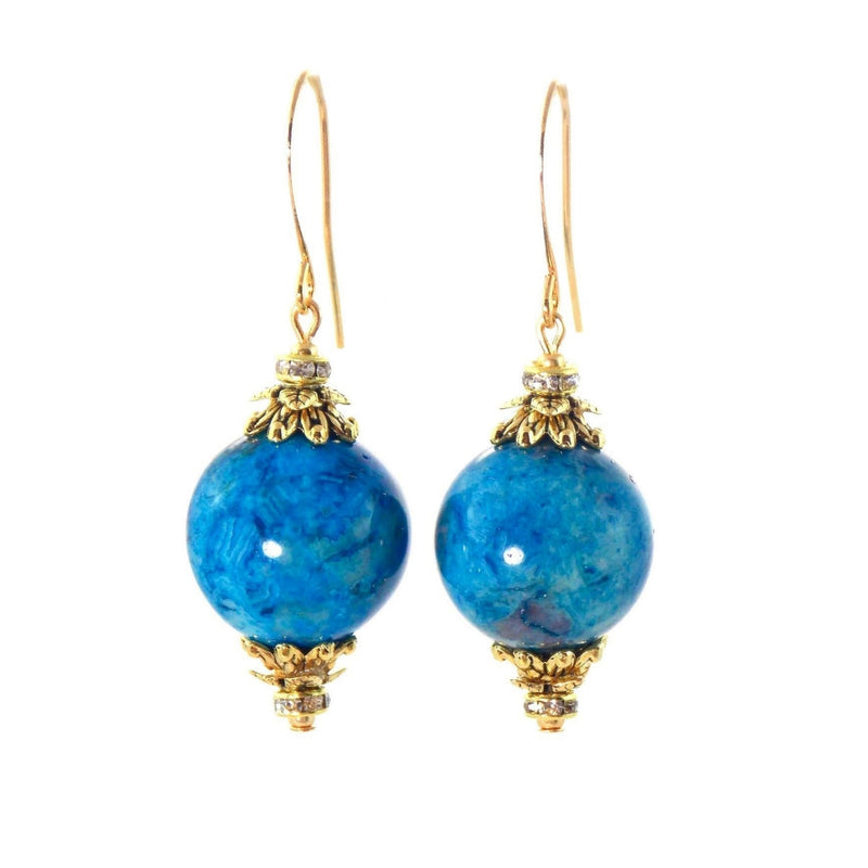 Larimar Blue Agate Ball Drop Short Gold Statement Earrings - KMagnifiqueDesigns