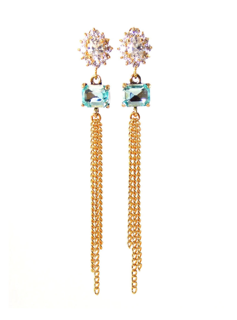 Light Blue Crystal And Cubic Zirconia Long Gold Statement Earrings by KMagnifiqueDesigns