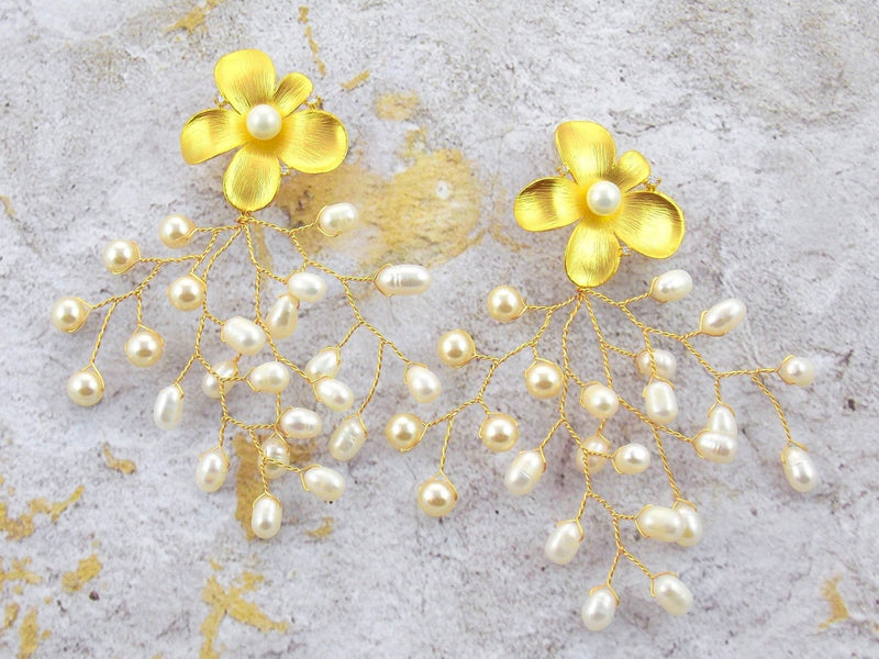 Gold Orchid White Cream Freshwater Pearl Crystal Statement Earrings by KMagnifiqueDesigns