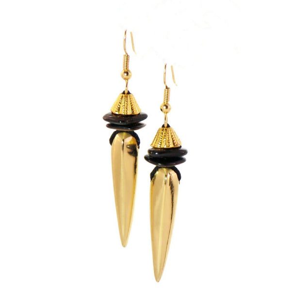 Black Mother Of Pearl Shell Gold Spike Dangle Earrings by KMagnifiqueDesigns
