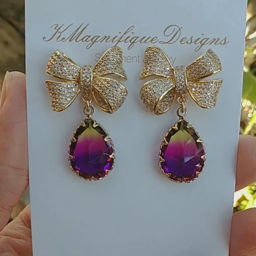Pink Ombre Gold Cubic Zirconia Bow Stud Statement Earrings by KMagnifiqueDesigns
