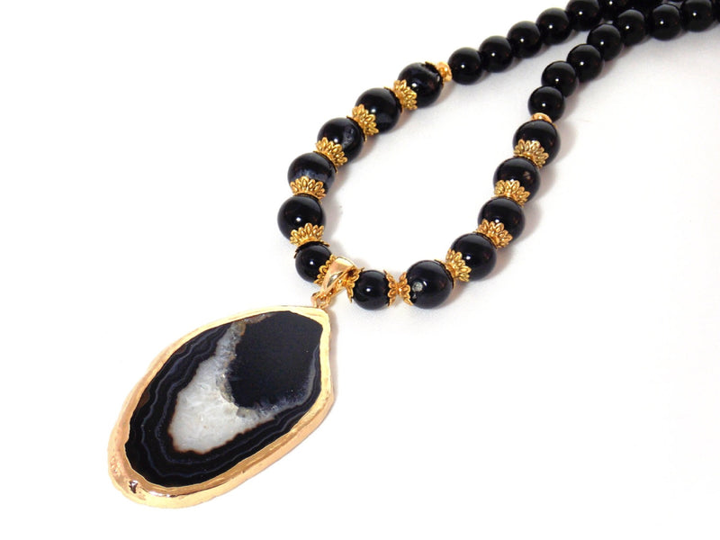 Black Slice Agate Pendant Gold Plated Statement Necklace by KMagnifiqueDesigns