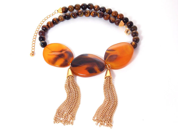 Tigers Eye Gold Tassel Bib Statement Necklace - KMagnifiqueDesigns