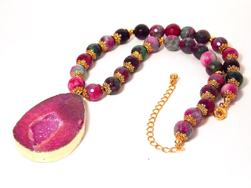 Purple Agate & Quartz Stone Gold Pendant Necklace - KMagnifiqueDesigns