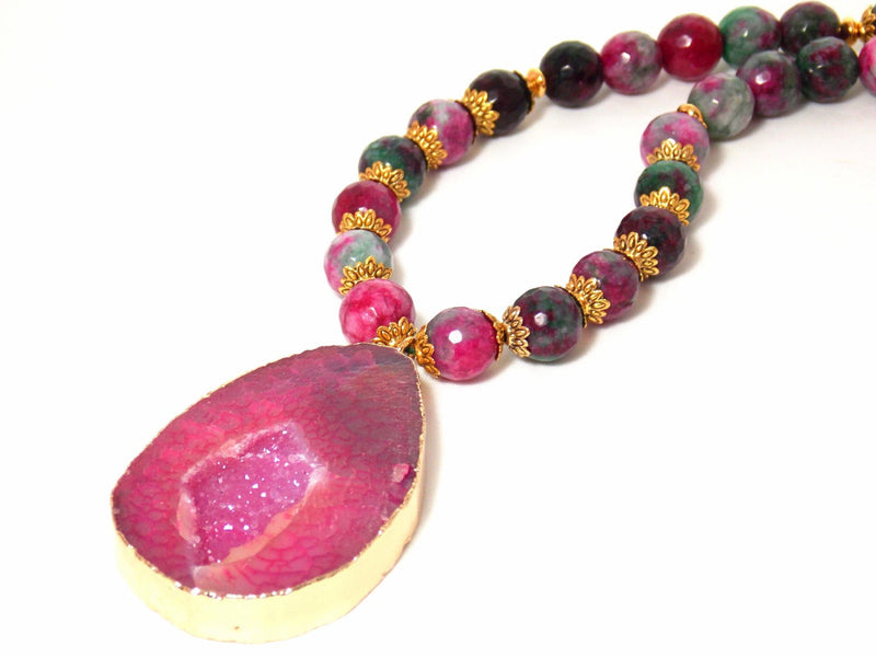 Purple Agate & Quartz Stone Gold Pendant Necklace - KMagnifiqueDesigns