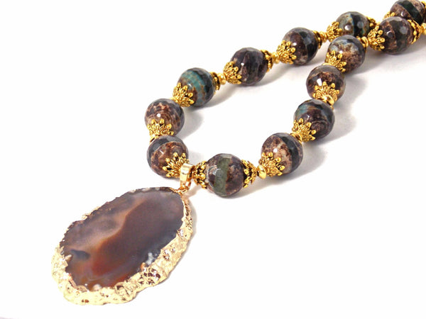 Brown Agate Gold Plated Pendant Statement Necklace - KMagnifiqueDesigns