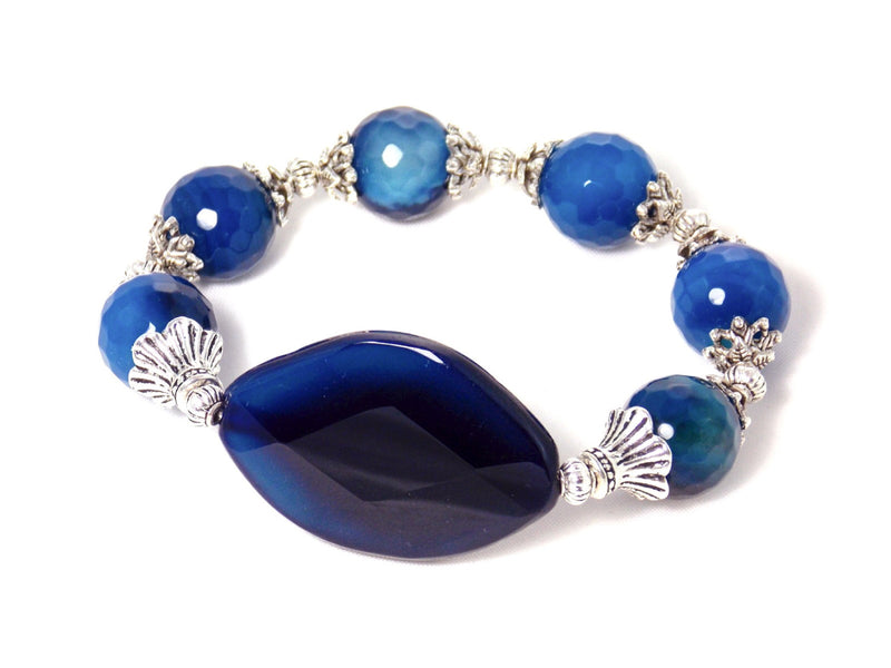 Blue Agate Silver Plated Gemstone Statement Bracelet - KMagnifiqueDesigns