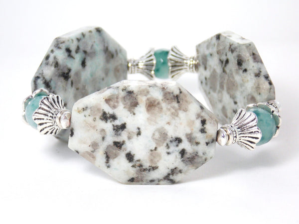 Gray Blue Jasper & Agate Stone Silver Plated Chunky Statement Beaded Stretch Bracelet
