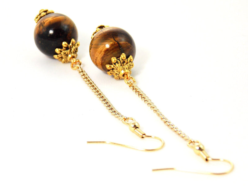 Brown Tigers Eye Long Gold Dangle Ball Drop Statement Earrings Clip On Optional