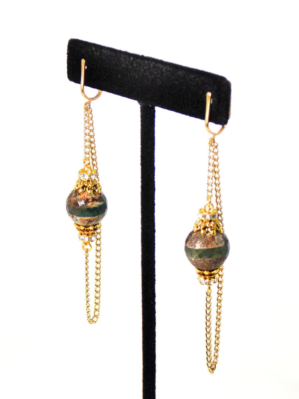 Brown & Green Agate Long Gold Statement Earrings by KMagnifiqueDesigns