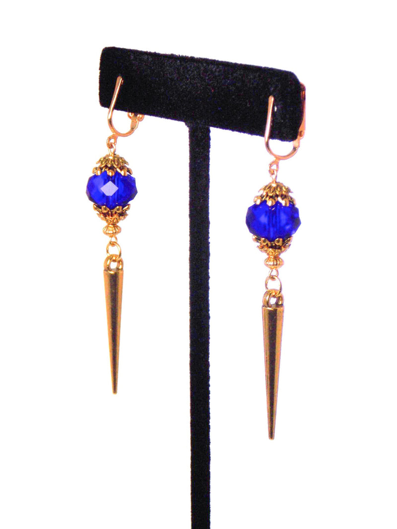 Cobalt Royal Blue Gold Spike Long Dangle Statement Earrings Clip On Optional