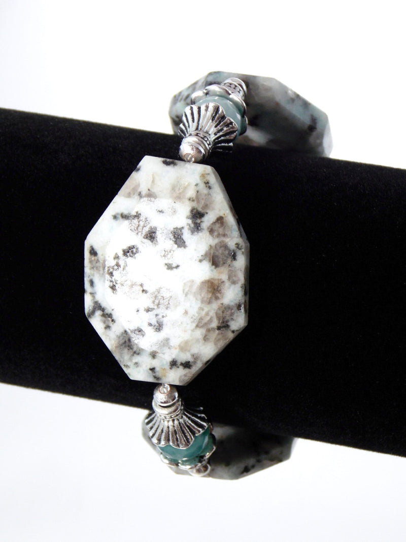 Gray Blue Jasper & Agate Stone Silver Plated Chunky Statement Beaded Stretch Bracelet
