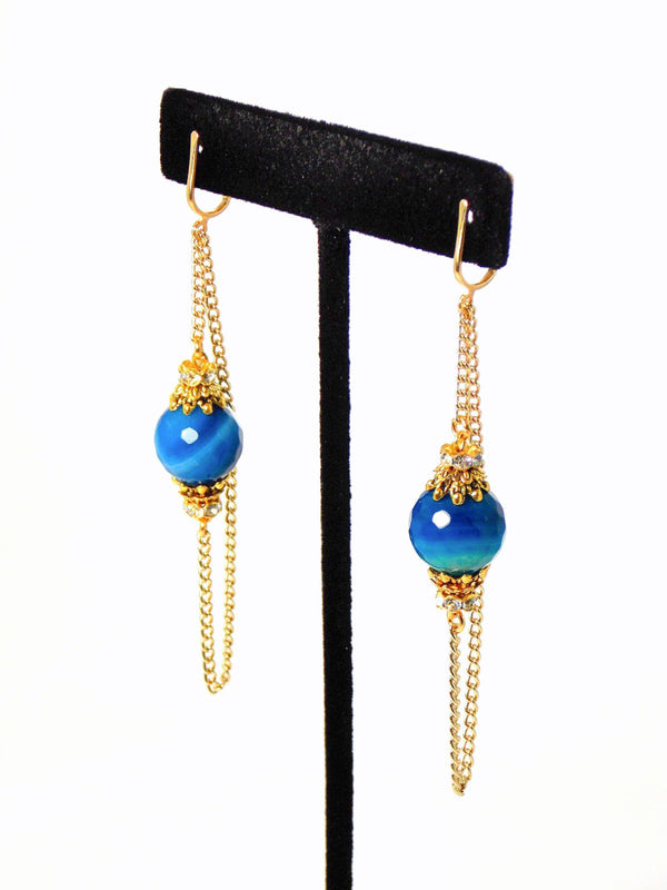 Cobalt Blue Agate Stone Long Gold Dangle Chain Statement Earrings Clip On Optional