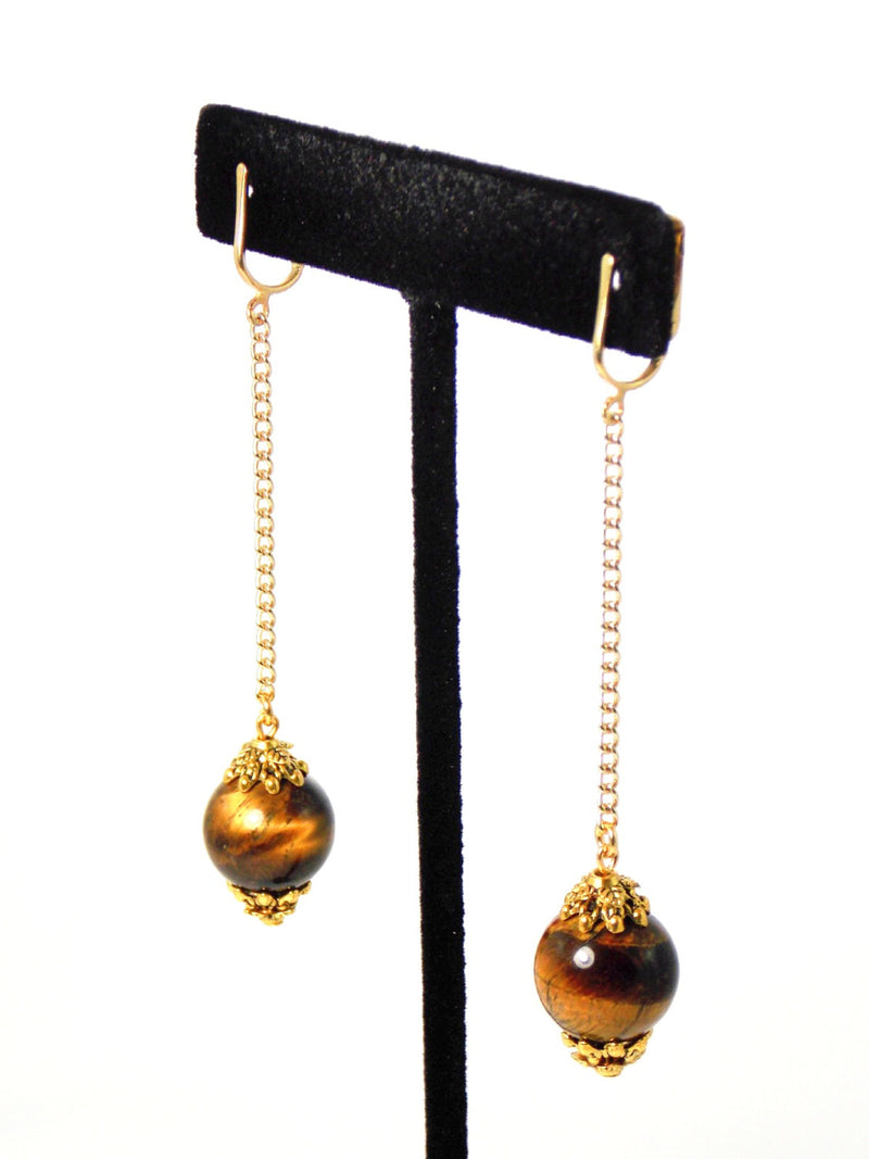 Brown Tigers Eye Long Gold Dangle Ball Drop Statement Earrings Clip On Optional