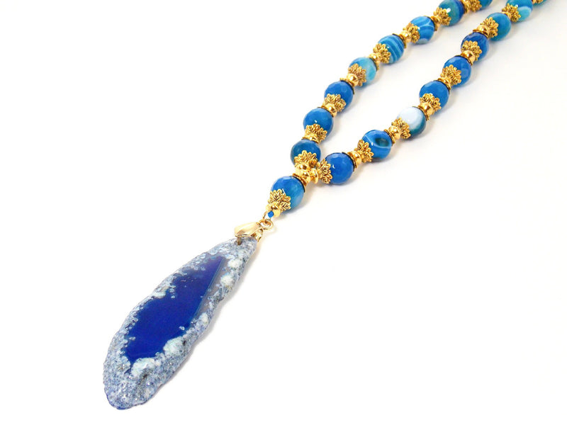 Semi Precious Blue Agate Gold Drop Pendant Necklace - KMagnifiqueDesigns