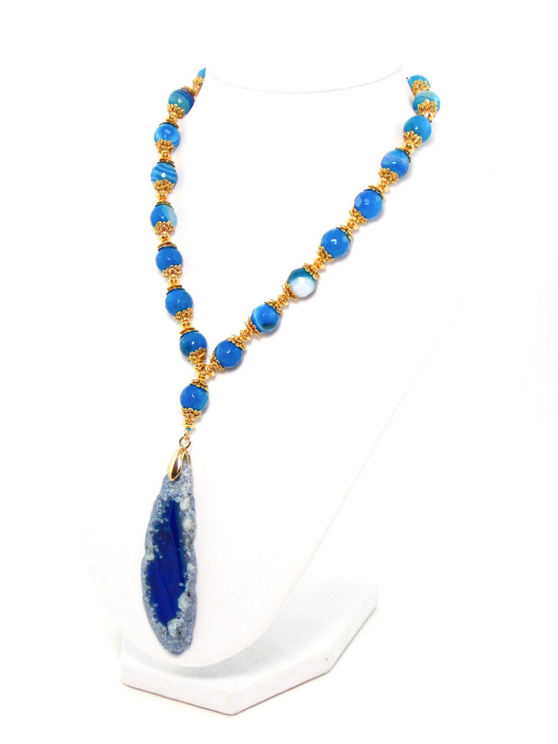 Semi Precious Blue Agate Gold Drop Pendant Necklace - KMagnifiqueDesigns